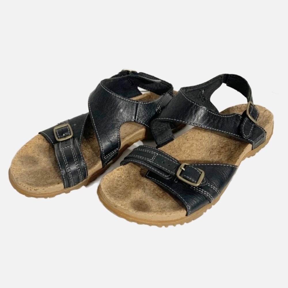 L. L. Bean Sport Cork Footbed Black Leather Comfort Sandals Adjustable Straps ⚫️